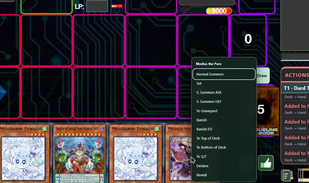 The right-click action menu on a monster in hand: Normal Summon, Set, Special Summon, to Graveyard, Banish and more.