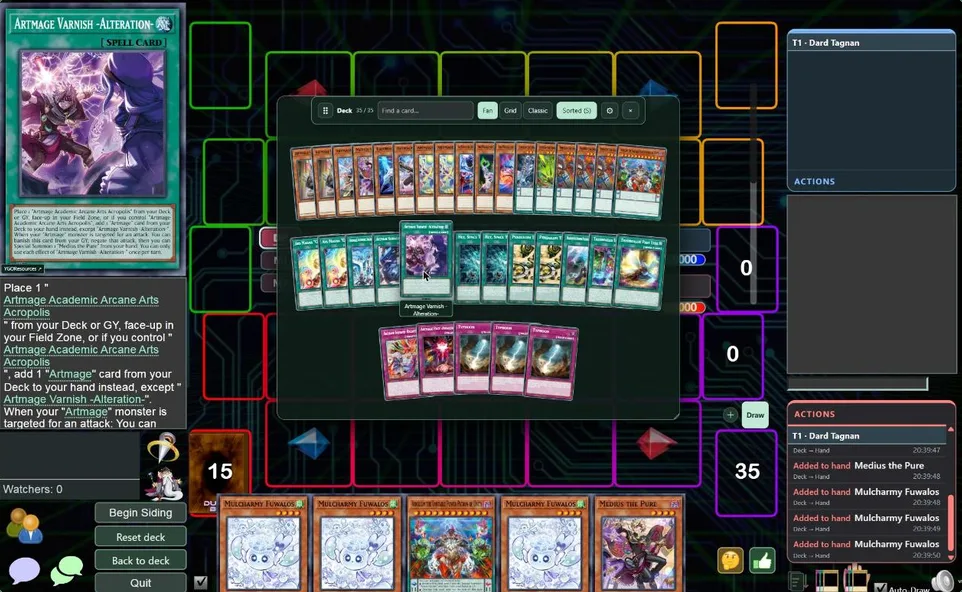 A DuelingBook duel with Spellspeed: the Deck opened as a fan of cards above the field, with search and sorting.