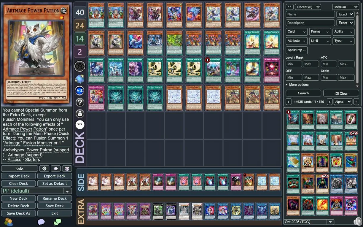 The deck constructor: card preview with clickable card text, the deck and the card search