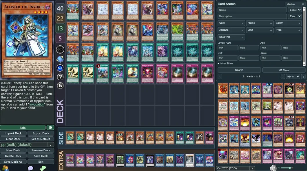 The deck constructor with Spellspeed's card search and filters on the right.