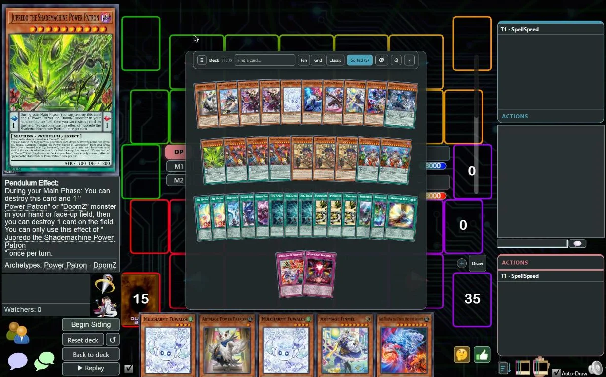 A Solo duel with Spellspeed: the Deck opened as a sorted fan of cards above the field, with search and view buttons.