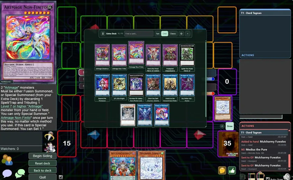 The Extra Deck opened as a grid over the field, with each player's action history on the right.